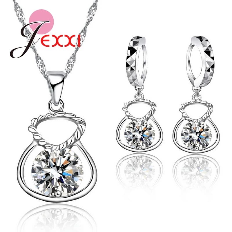 925 Silver Rhinestone Necklace Earrings Set
