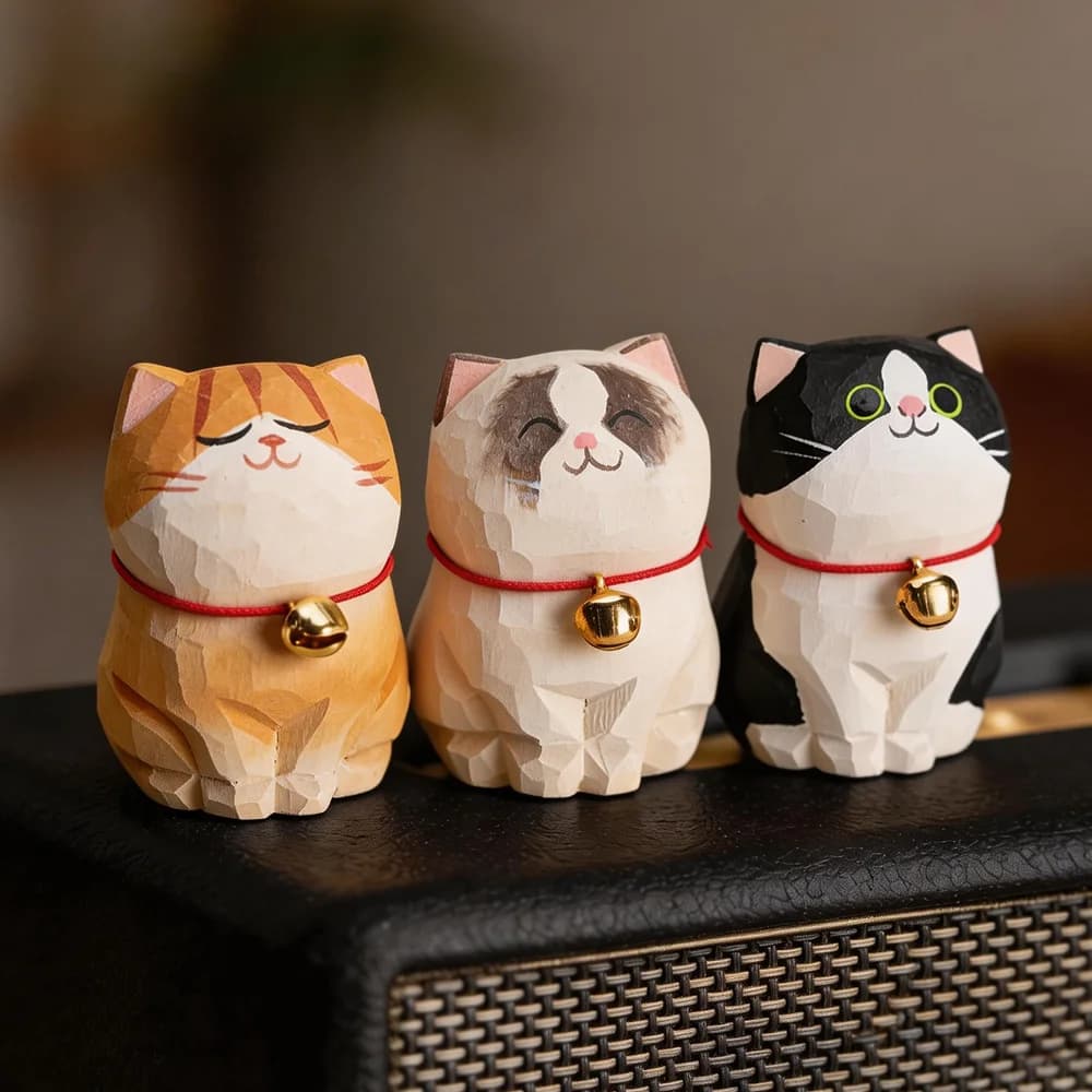 Wooden Cat Figurine Calico Golden Gradient Decor