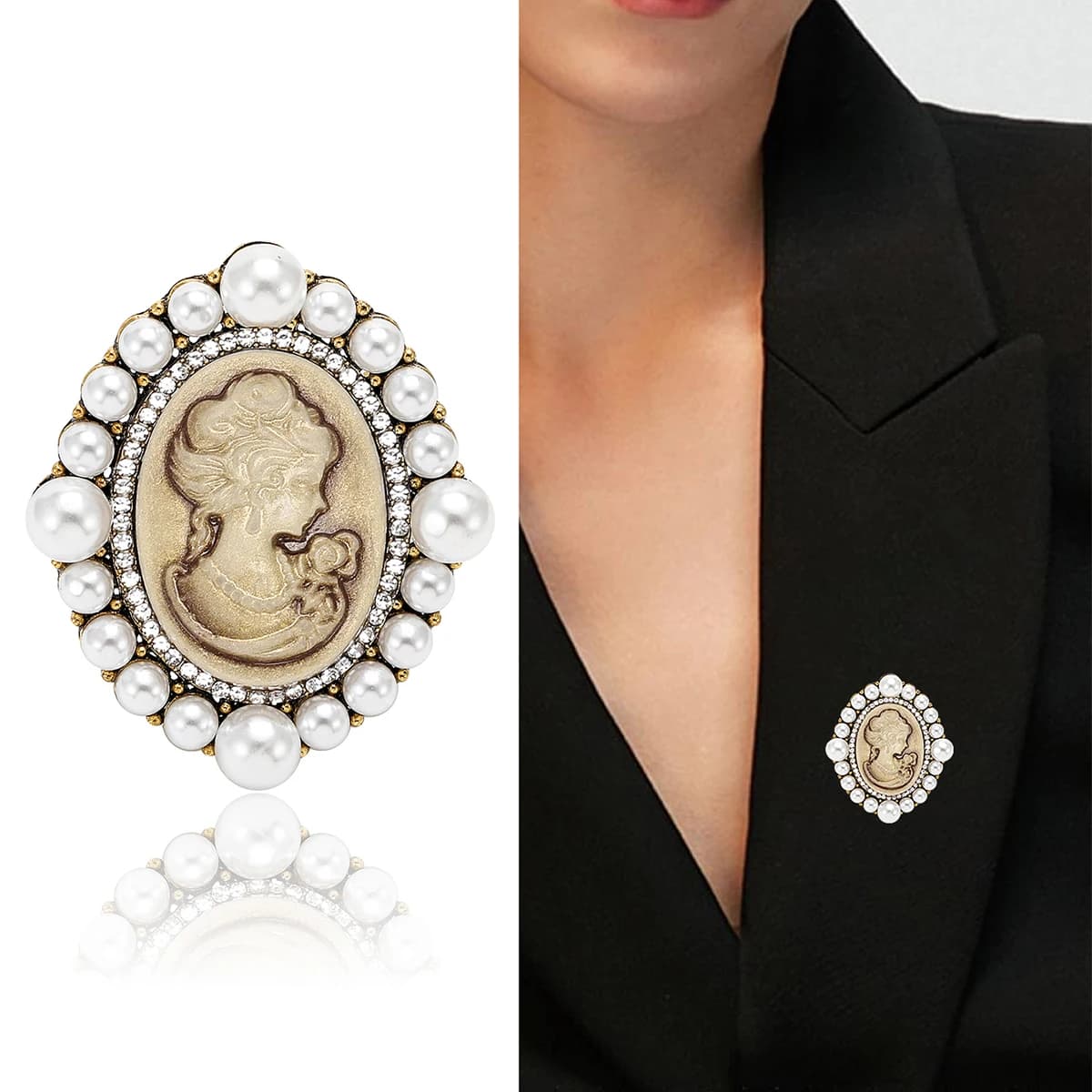 Vintage Enamel Pearl Head Brooch for Women