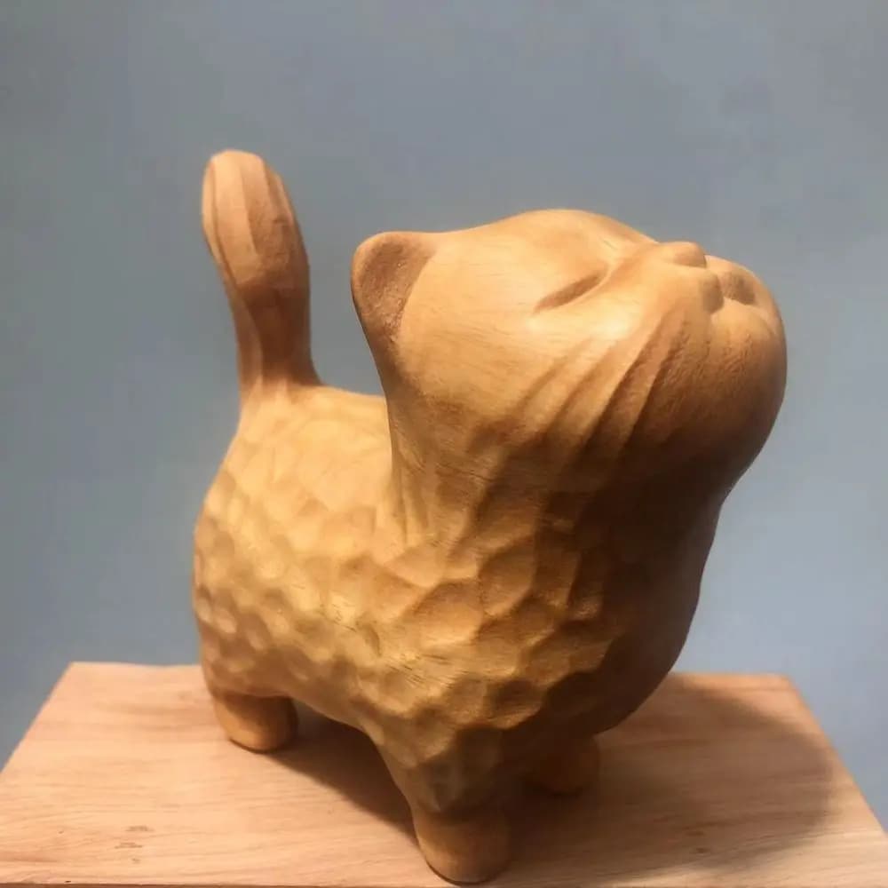 Wooden Hand-Carved Cat Statue Figurine