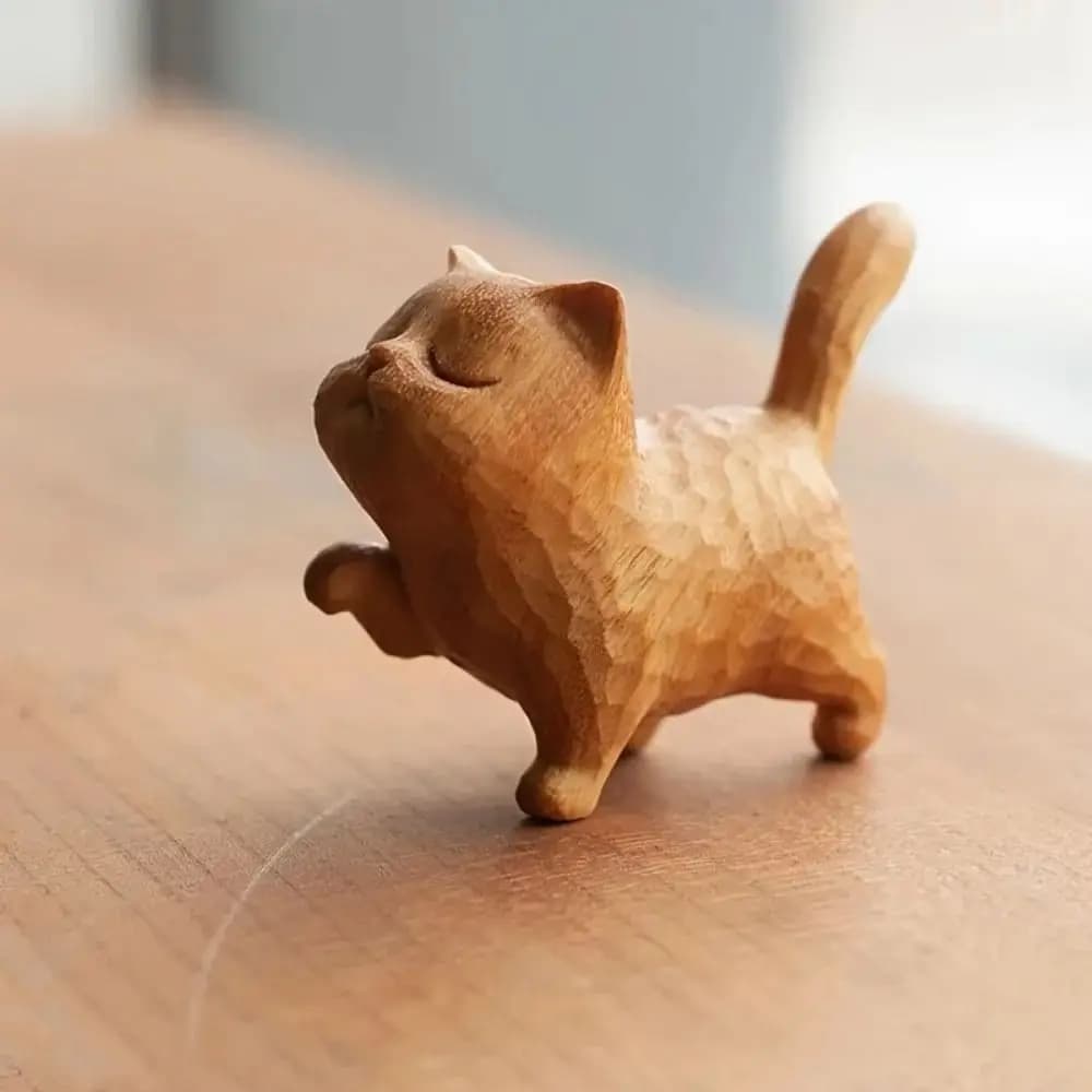 Wooden Hand-Carved Cat Statue Figurine