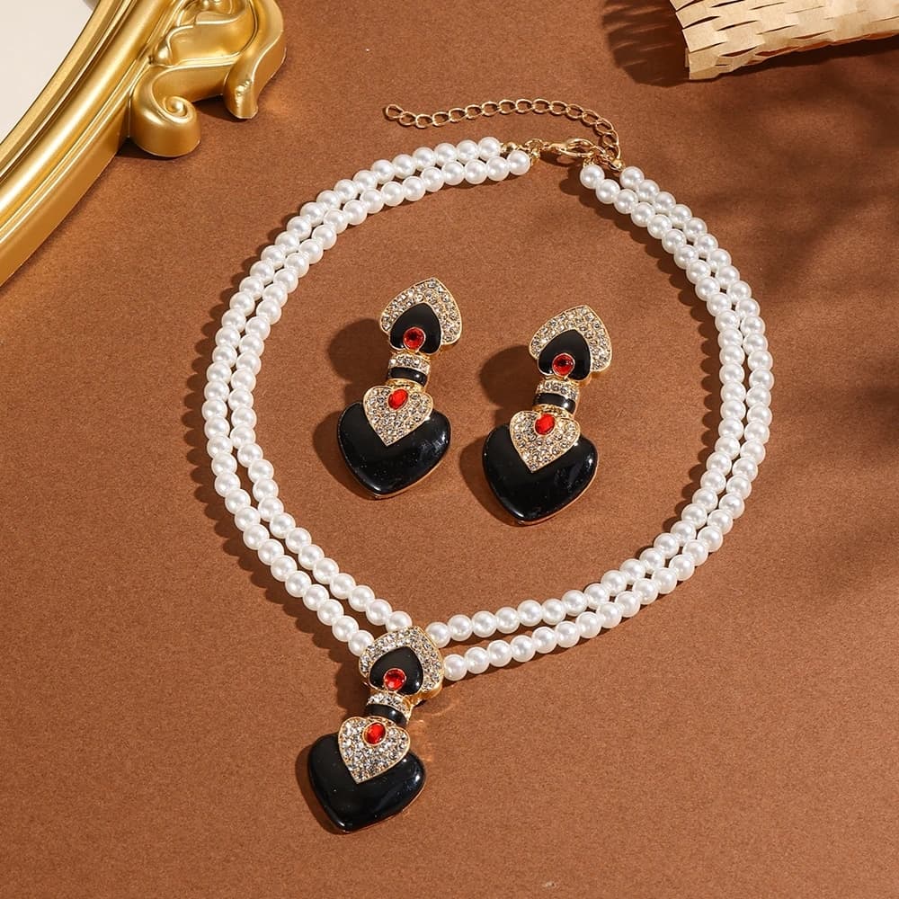 Bride Elegant Rhinestone Pearl Necklace Earring Set