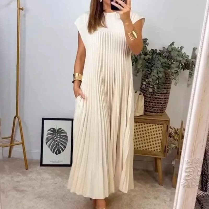 Women's Casual Sleeveless Pleated Round-Neck Dress