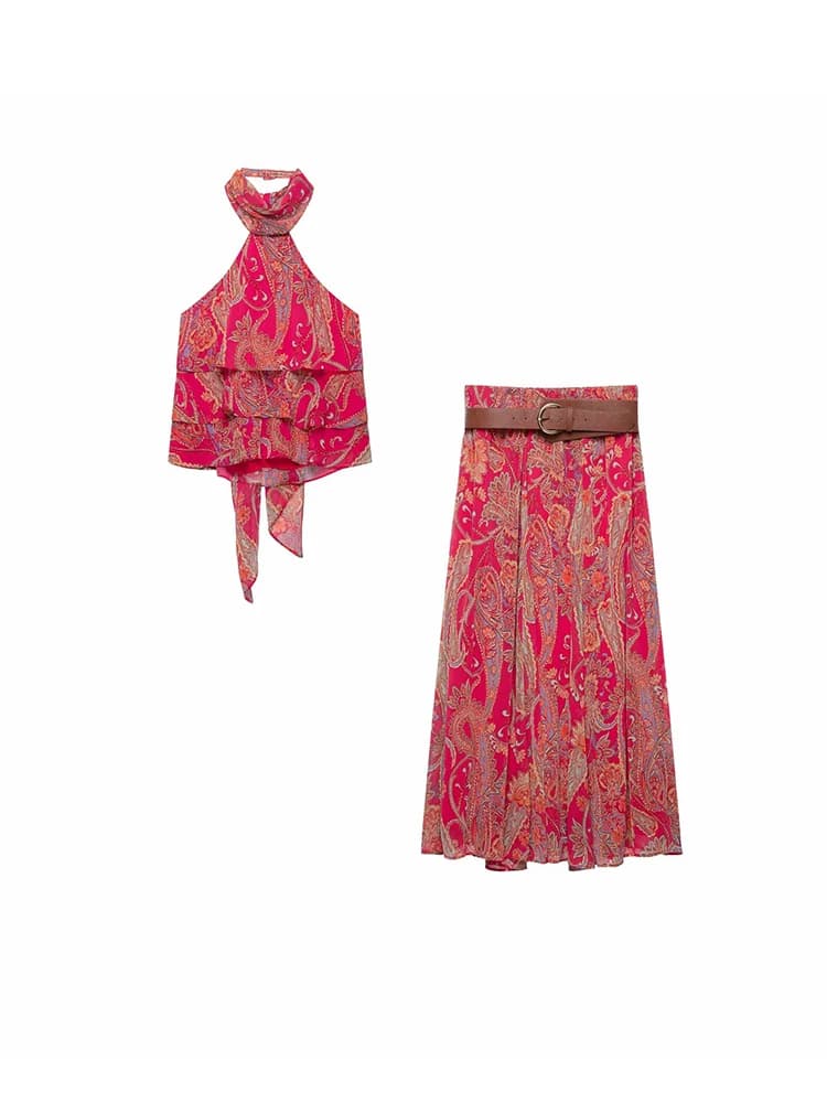 Women's Red Vintage Bohemian Beach Suit Set