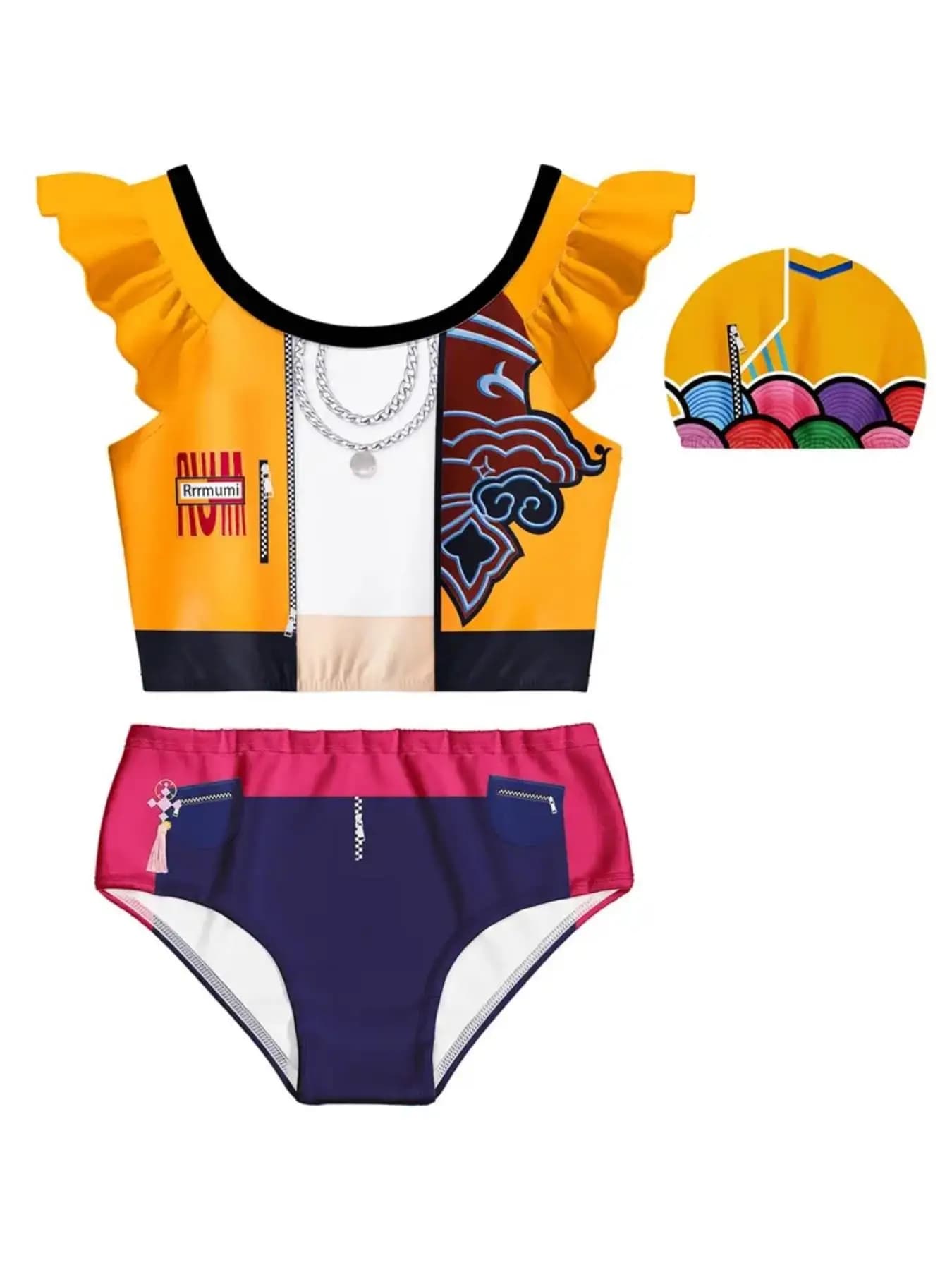 Girls' Cartoon Print Ruffled Swimsuit Three-Piece Set
