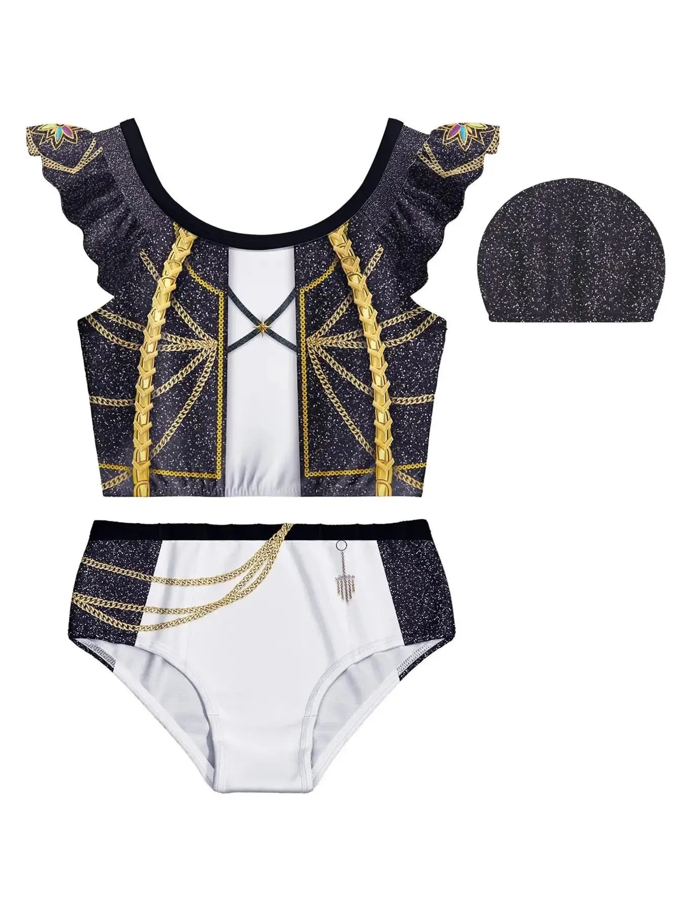 Girls' Cartoon Print Ruffled Swimsuit Three-Piece Set