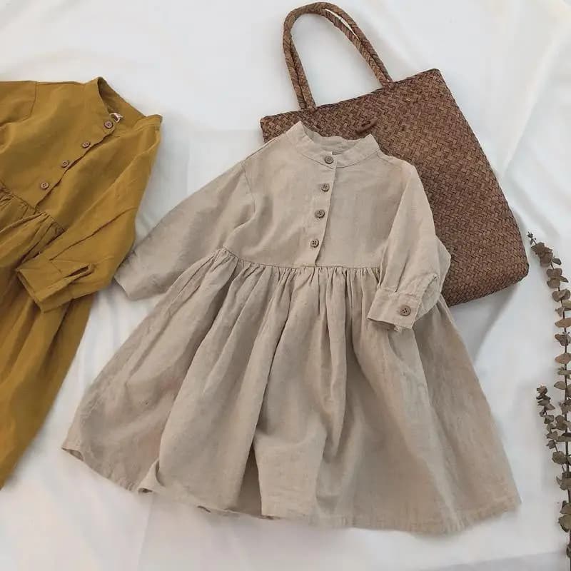 Kids Girls Linen Cotton Casual Shirt Dress