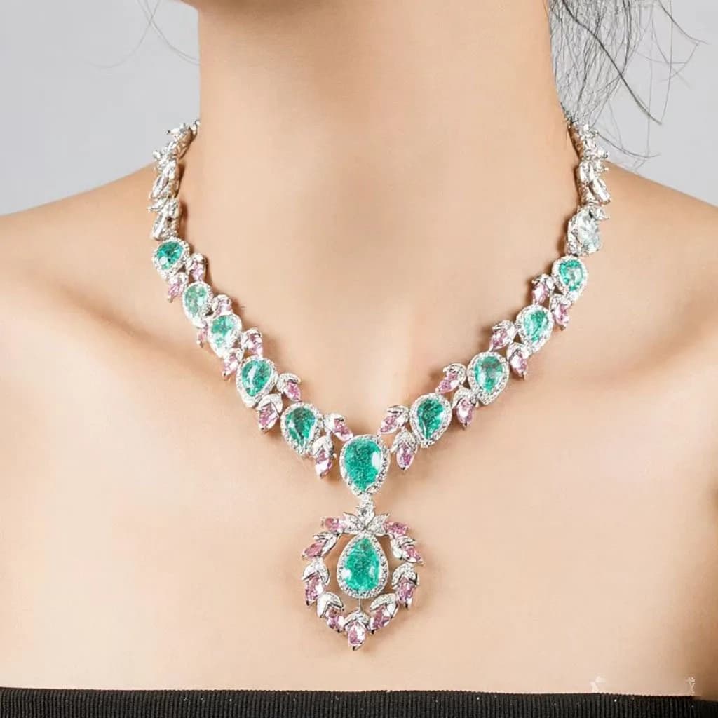 Light Luxury Pink & Green Jewelry Set Elegant Necklace Earrings Bridal Wedding Evening Gown Women Party Gift