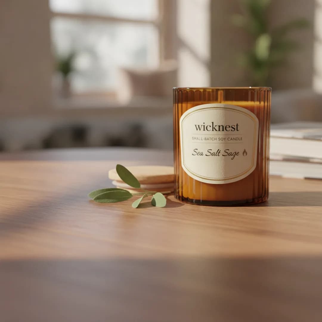 Amber glass soy candle with a Sea Salt Sage label, placed on a wooden surface with greenery.