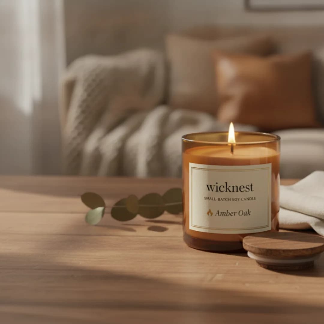 Amber glass soy candle with a Sea Salt Sage label, placed on a wooden surface with greenery.