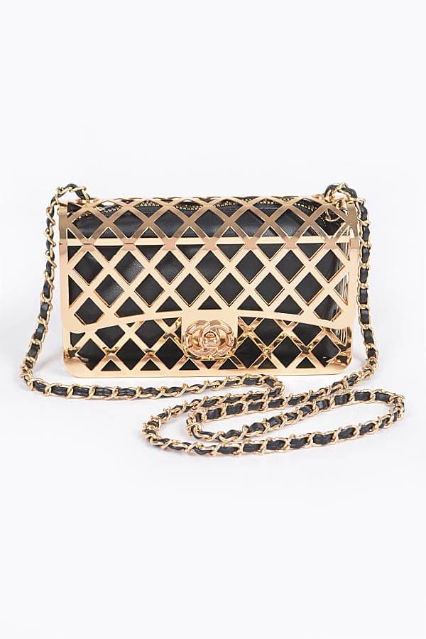 Caged Metal Lattice Clutch Purse with Chain Strap