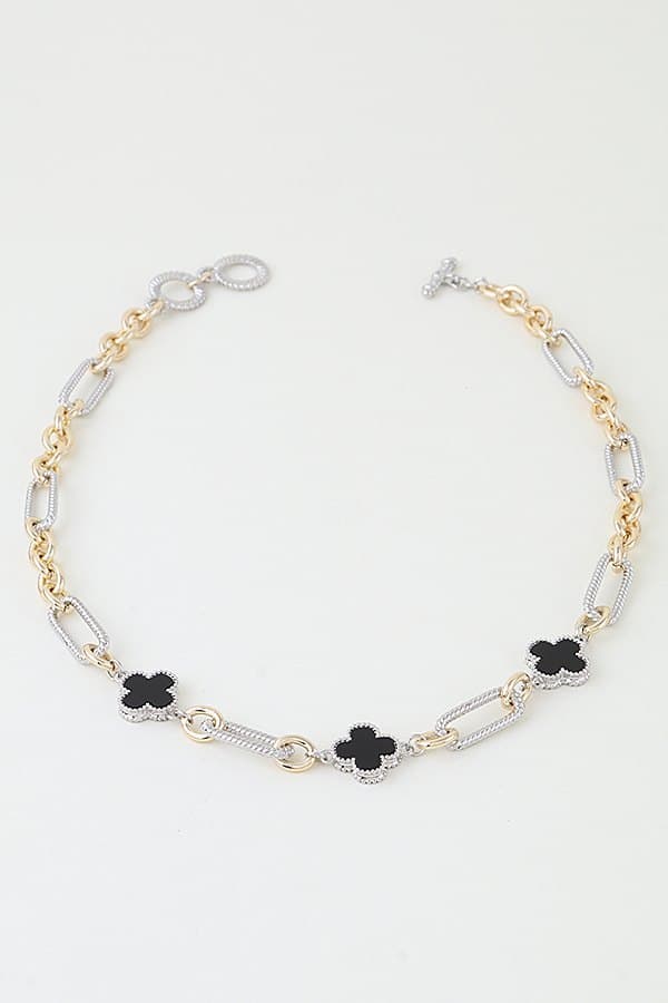 Two-Tone Clover Paperclip Chain Necklace with CZ Accents
