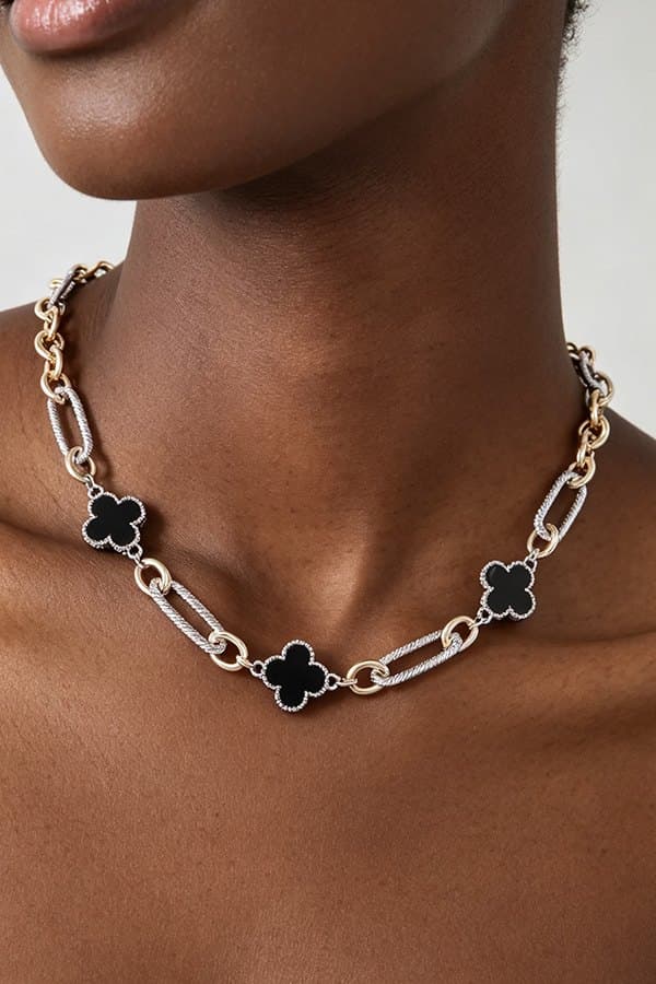 Two-Tone Clover Paperclip Chain Necklace with CZ Accents