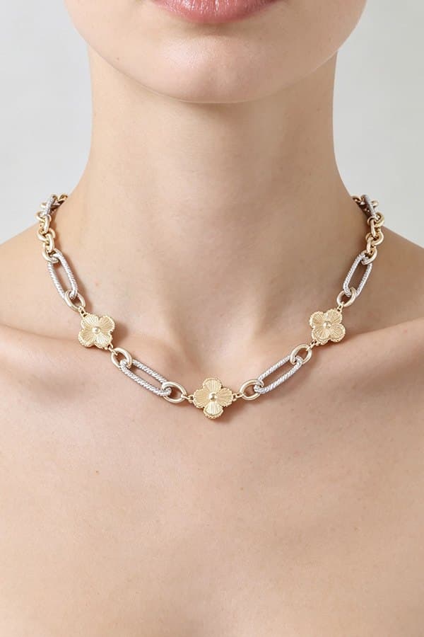 Clover Charm Paperclip Chain Necklace with Cubic Zirconia Detail