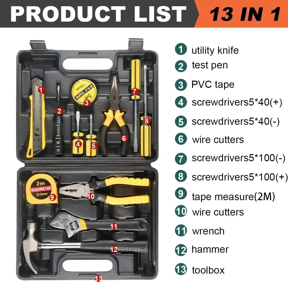 Household Hand Tool Kit with Plastic Storage Case