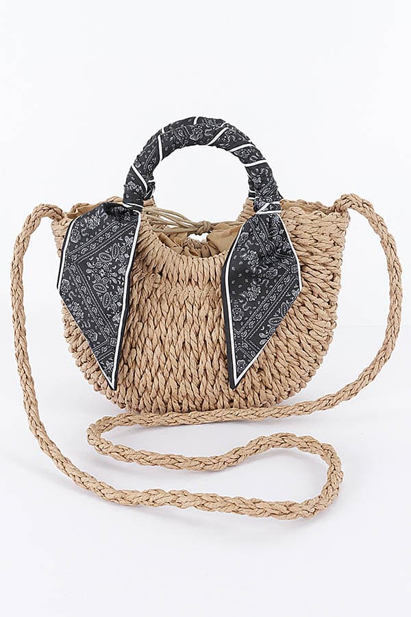 Scarf Decor Half‑round Straw Crossbody Bag