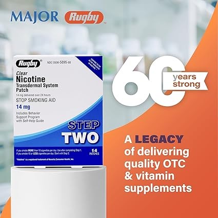 Rugby Clear Nicotine Patches - Transdermal System Patch - Smoking or Vaping Quitting Aid - Step 2-14mg - 14 Count (1-Pack)