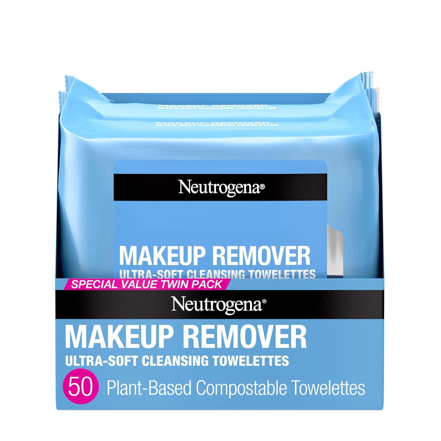 Neutrogena Makeup Remover Facial Wipes, Ultra Gentle for Waterproof Makeup, Alcohol-Free, Plant-Based, Twin Pack, 25 Count (Pack of 2)
