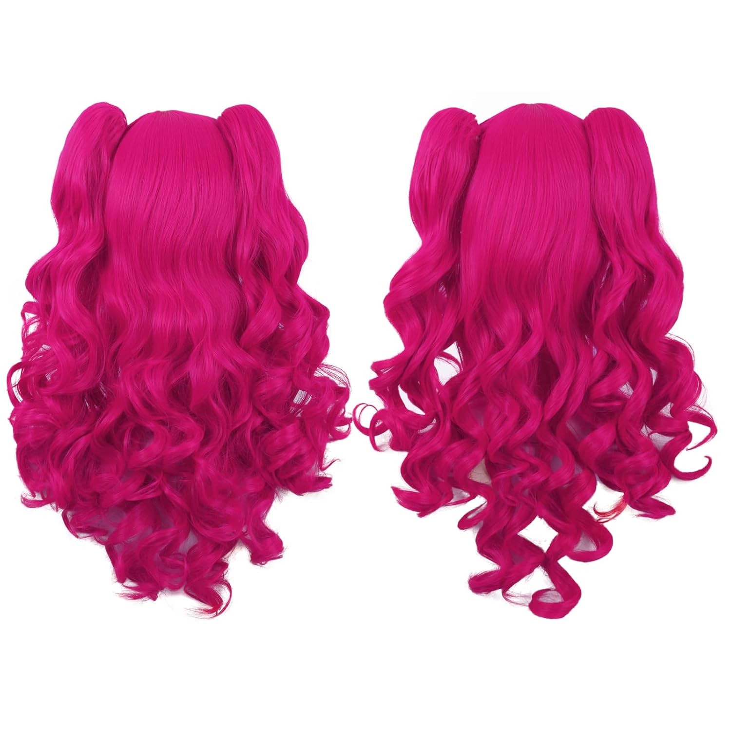 MapofBeauty 28 Inch/70 cm Lolita Long Curly 2 Ponytails Clip on Cosplay Wig (Hot Pink)