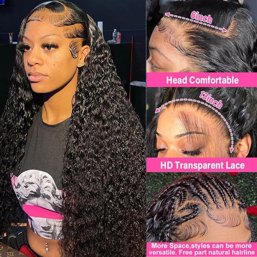 28 Inch 13x6 Deep Wave Lace Front Wigs Human Hair Pre Plucked 200% Density 13x6 HD Transparent Lace Frontal Curly Wigs Human Hair Glueless Deep Curly Human Hair Wigs For Women Natural Black