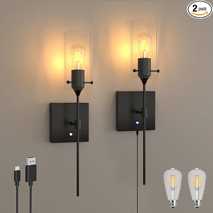 Dimmable Battery Operated Wall Sconce Set of 2, Rechargeable Wall Mount Light No Wiring, Easy Install Wireless Wall Lamp for Living Room Bedroom Hallway Farmhouse Indoor, Bulb Included