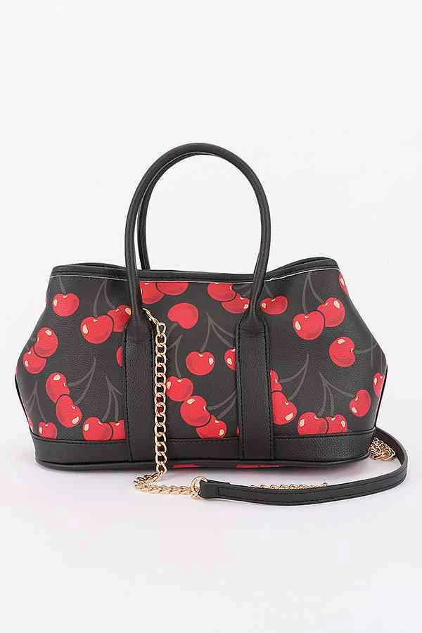 Cherry Print Faux Leather Tote Bag