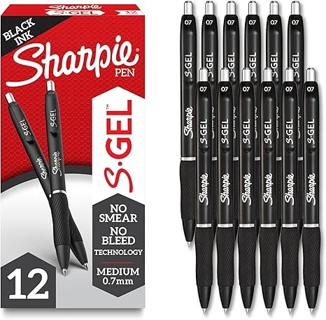 SHARPIE S-Gel, Gel Pens, Drawing Pens, Gel Ink Pens For Journaling, Writing Pens, Coloring Pens, Medium Point Pens (0.7Mm), Black Barrel, Black Gel Ink, 12 Count