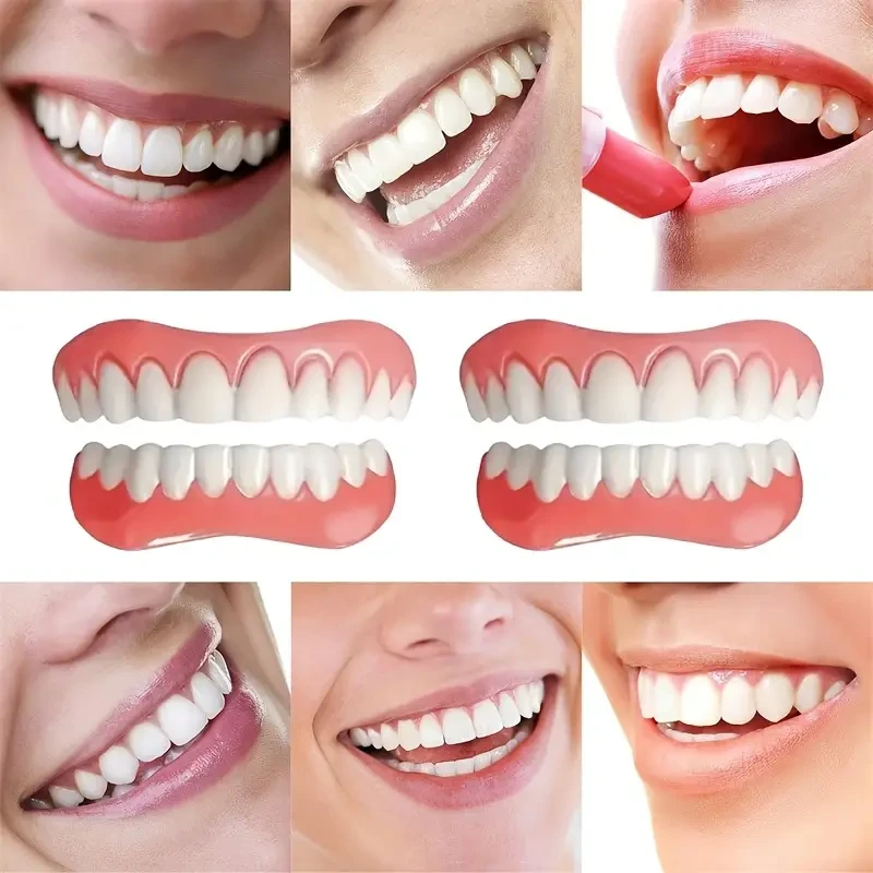 4-Pack Unisex Silicone Dentures, Adjustable Soft Upper and Lower Set, Easy-Clean, Comfortable Fit, Natural-Looking Teeth Replacement, Plastic Material
