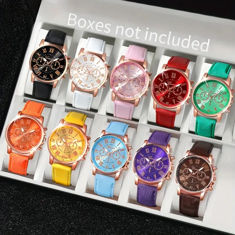[10-Piece Quartz Wrist Watch Set] Fashionable 10-Piece Quartz Wrist Watch Set for Men and Women – Round Zinc Alloy Case, PU Leather Band, Non-, Assorted Colors