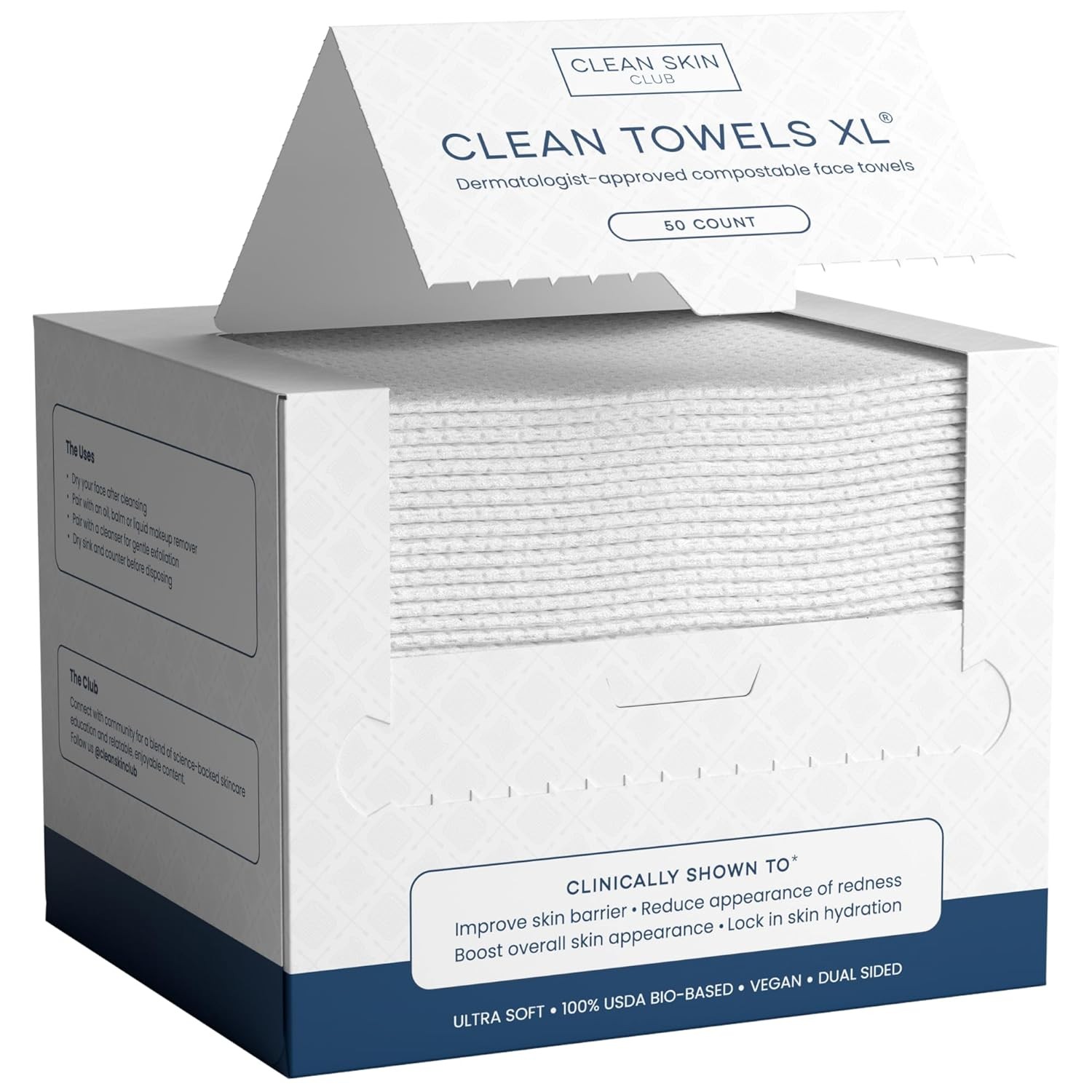 Clean Skin Club - Clean Toallas XL | 1ª toalla facial biodegradable del mundo | Toallitas desechables para quitar maquillaje | Dermatologicamente probada y aprobada | 100% orgánica y libre de crueldad