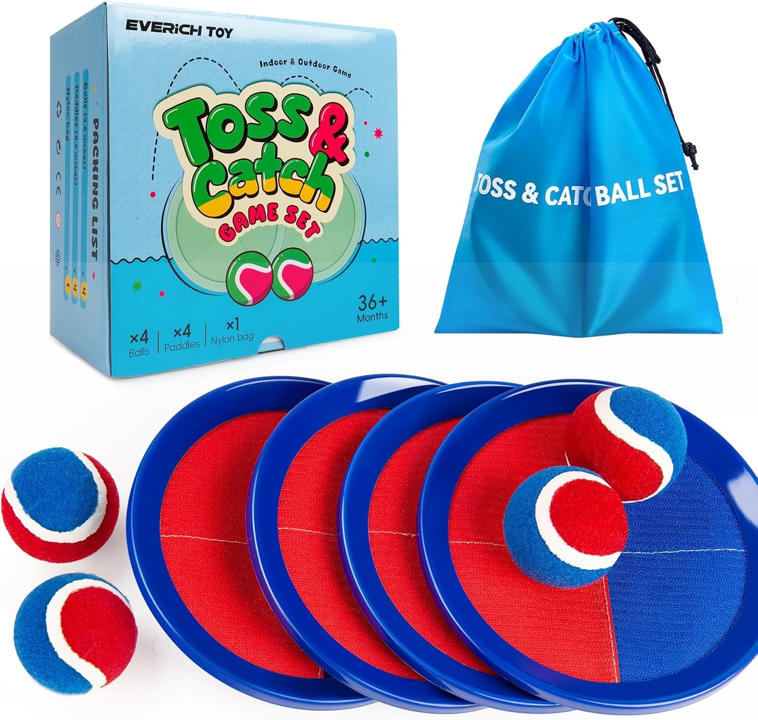 EVERICH Upgraded Toss and Catch Ball Game Set - Indoor and Outdoor Games for Kids 3-12, Beach Sand Pool Water Toy Includes 4 Paddles 4 Sticky Balls, Great Birthday Easter Gifts for Boys Girls